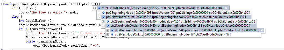 Debug view of the linked list of head nodes